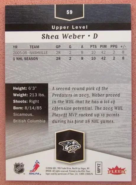 НХЛ Ши Вебер Нэшвилл Предаторз № 59 1