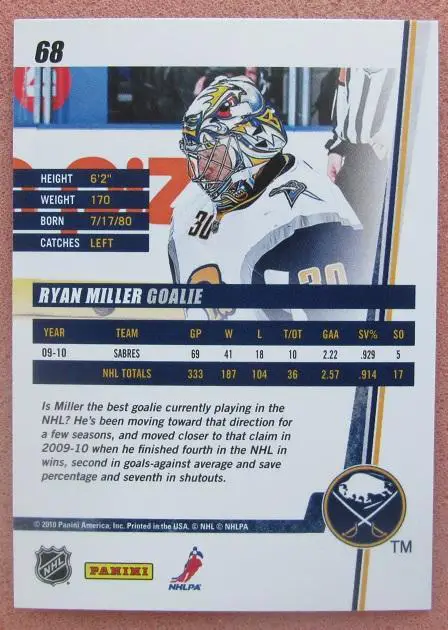 НХЛ Райан Миллер Баффало Сейбрз № 68 1