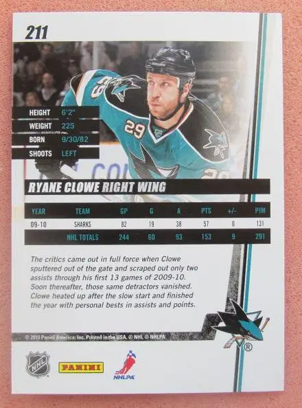 НХЛ Райан Клоу Сан-Хосе Шаркс № 211 1