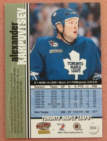 НХЛ Александр Карповцев Торонто Мэйпл Лифс Динамо Москва Новосибирск № 394 1
