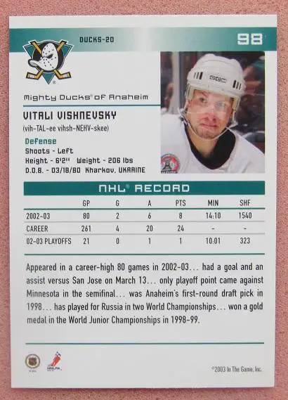 НХЛ Виталий Вишневский Анахайм Дакс Ярославль Воскресенск СКА Череповец № 98 1