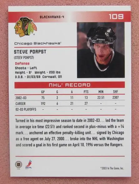 НХЛ Стеве Поапст Чикаго Блэкхокс № 109 1