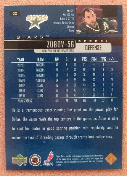 НХЛ Сергей Зубов Даллас Старз ЦСКА Москва СКА Санкт-Петербург № 218 1
