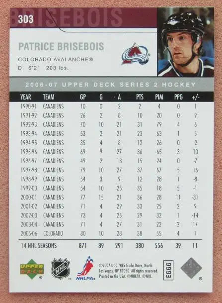 НХЛ Патрис Бризбуа Колорадо Эвеланш № 303 1
