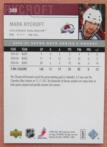НХЛ Марк Райкрофт Колорадо Эвеланш № 300 1