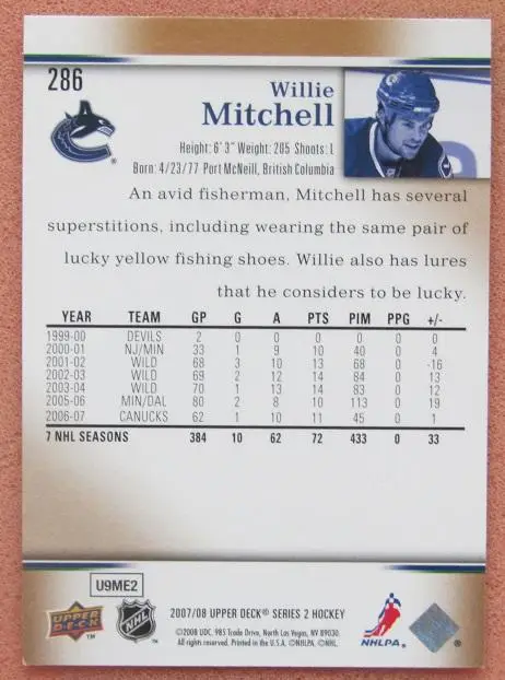 НХЛ Уилли Митчелл Ванкувер Кэнакс № 286 1