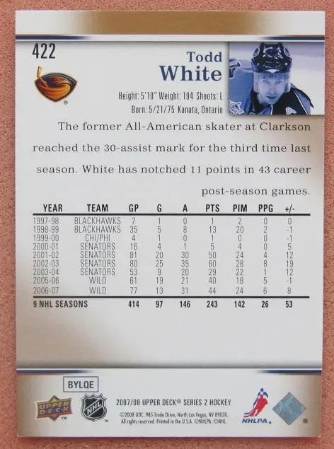 НХЛ Тодд Уайт Атланта Трэйшерз № 422 1