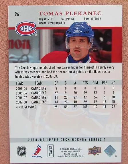 НХЛ Томаш Плеканец Монреаль Канадиенс № 96 1