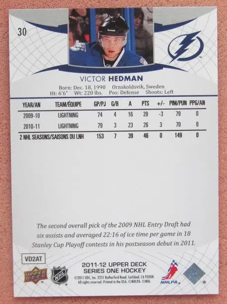 НХЛ Виктор Хедман Тампа Бэй Лайтнинг Барыс № 30 1