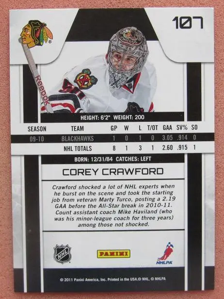 НХЛ Кори Кроуфорд Чикаго Блэкхокс № 107 1