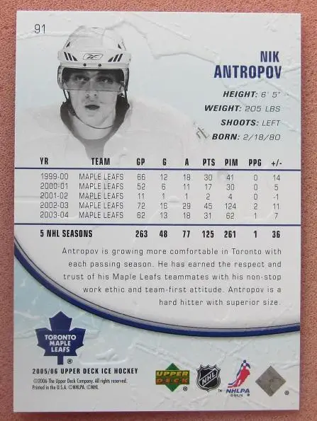 НХЛ Ник Антропов Торонто Мэйпл Лифс Усть-Каменогорск Динамо Москва Казань № 91 1
