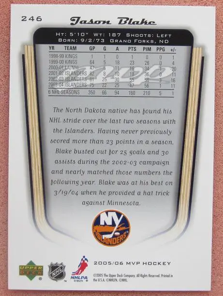 НХЛ Джейсон Блейк Нью-Йорк Айлендерс № 246 автограф 1