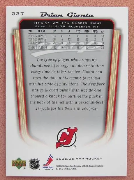 НХЛ Брайан Джионта Нью-Джерси Дэвилз № 237 1