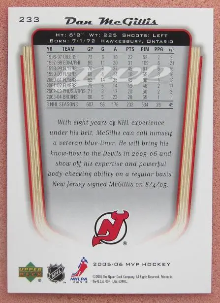 НХЛ Дэн Макгиллис Нью-Джерси Дэвилз № 233 1