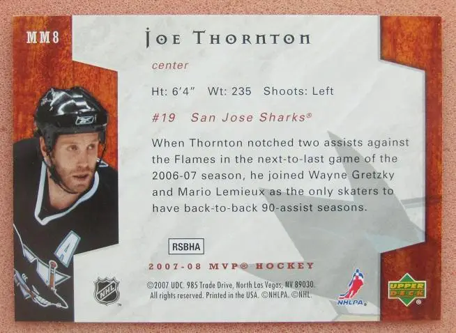 НХЛ Джо Торнтон Сан-Хосе Шаркс № mm8 1