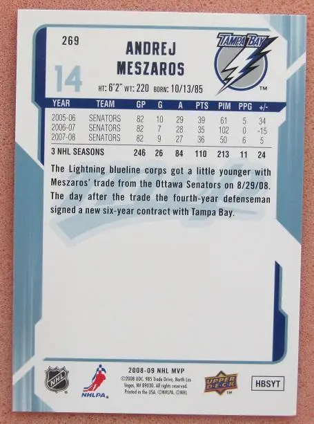 НХЛ Андрей Месарош Тампа Бэй Лайтнинг № 269 автограф 1