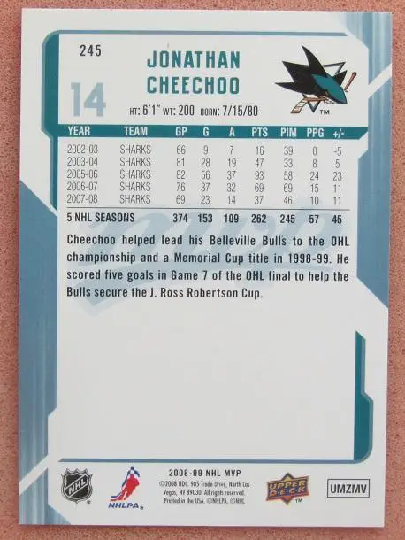 НХЛ Джонатан Чичу Сан-Хосе Шаркс Динамо Минск № 245 автограф 1