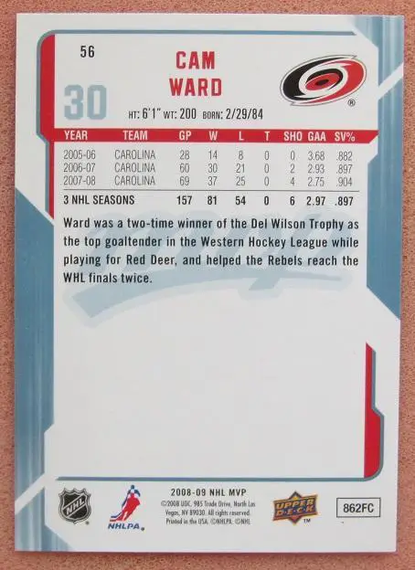 НХЛ Кэм Уорд Каролина Харрикейнз № 56 автограф 1