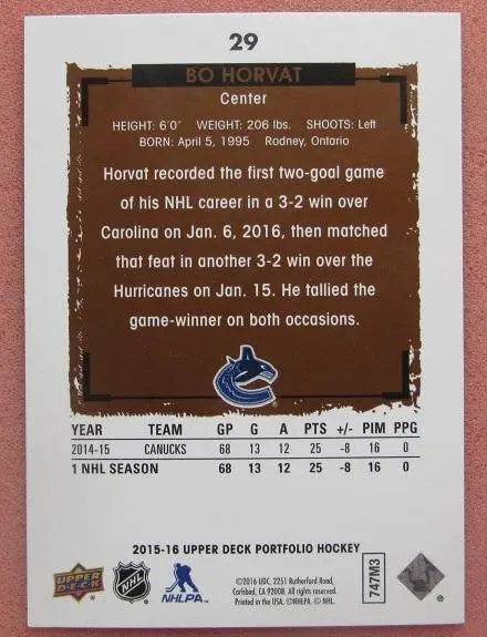 НХЛ Бо Хорват Ванкувер Кэнакс № 29 1