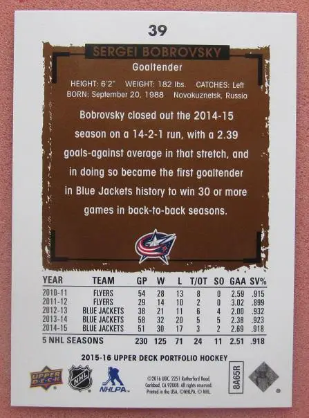 НХЛ Сергей Бобровский Новокузнецк Коламбус Блю Джекетс СКА Санкт-Петербург № 39 1