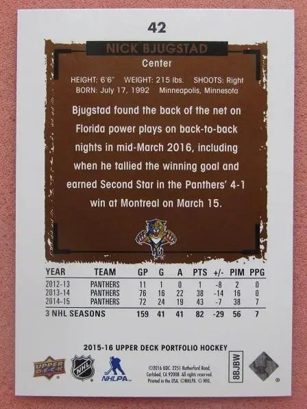НХЛ Ник Бьюгстад Флорида Пантерз № 42 1