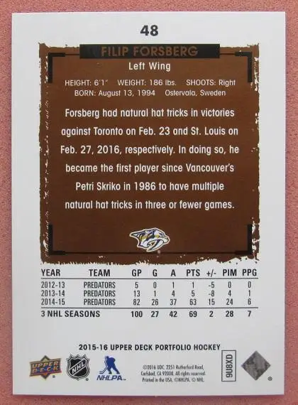 НХЛ Филип Форсберг Нэшвилл Предаторз № 48 1