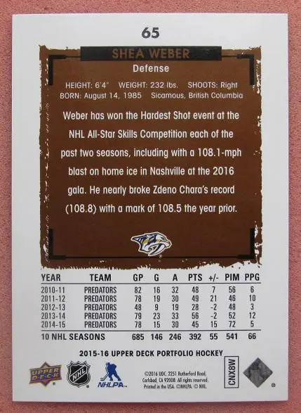 НХЛ Ши Вебер Нэшвилл Предаторз № 65 1