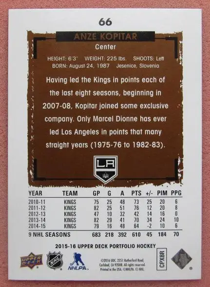 НХЛ Анже Копитар Лос-Анжелес Кингз № 66 1
