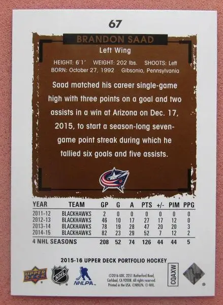 НХЛ Брэндон Саад Коламбус Блю Джекетс № 67 1