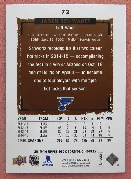 НХЛ Джейден Шварц Сент-Луис Блюз № 72 1