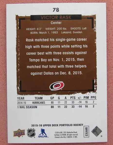 НХЛ Виктор Раск Каролина Харрикейнз № 78 1