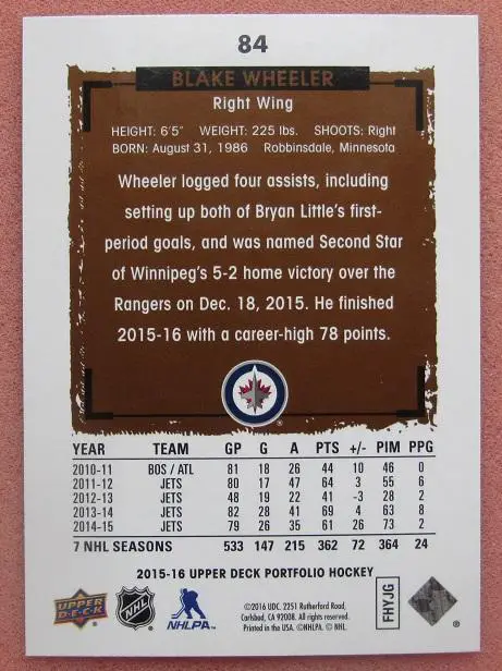 НХЛ Блейк Уилер Виннипег Джетс № 84 1