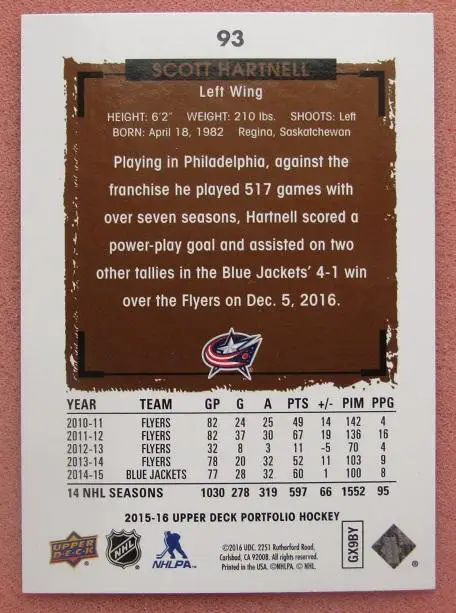 НХЛ Скотт Хартнелл Коламбус Блю Джекетс № 93 1
