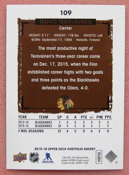 НХЛ Теуво Терявяйнен Чикаго Блэкхокс № 109 1