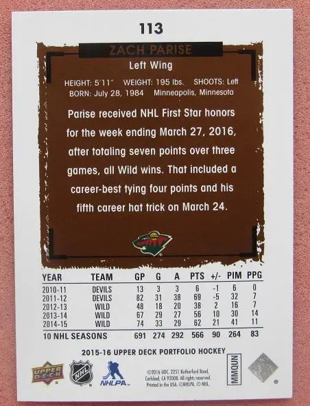 НХЛ Зак Паризе Миннесота Уайлд № 113 1