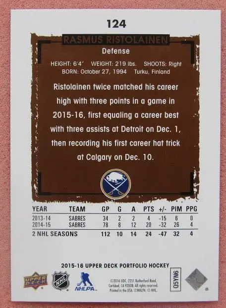 НХЛ Расмус Ристолайнен Баффало Сейбрз № 124 1