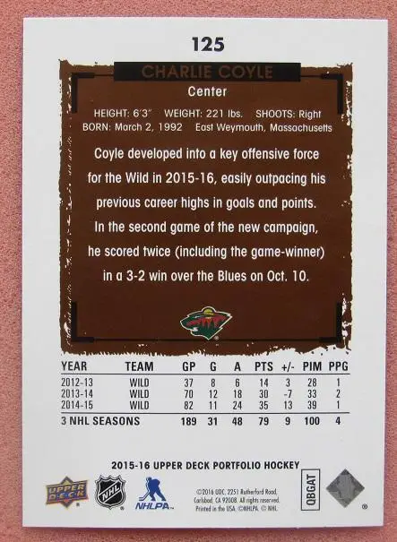 НХЛ Чарли Койл Миннесота Уайлд № 125 1