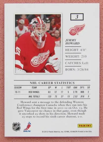НХЛ Джимми Ховард Детройт Ред Уингз № 3 1