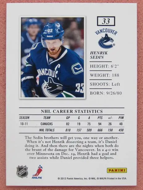 НХЛ Хенрик Седин Ванкувер Кэнакс № 33 1