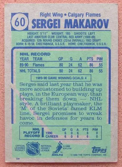 НХЛ Сергей Макаров Калгари Флэймз Челябинск ЦСКА Москва № 60 1