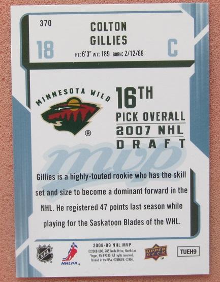 НХЛ Колтон Гиллис Миннесота Уайлд № 370 1