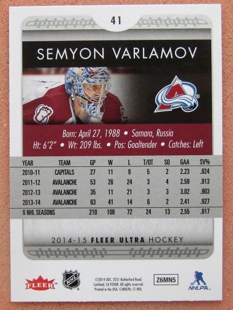 НХЛ Семен Варламов Колорадо Эвеланш Локомотив Ярославль № 41 1