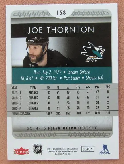 НХЛ Джо Торнтон Сан-Хосе Шаркс № 158 1