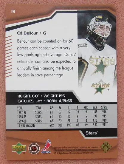 НХЛ Эд Белфор Даллас Старз № 19 1