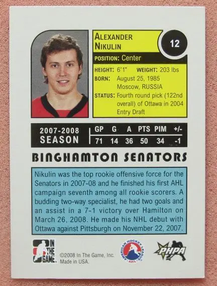 НХЛ Александр Никулин Бингхэмтон Сенаторс Пермь ЦСКА Спартак Москва Амур № 12 1