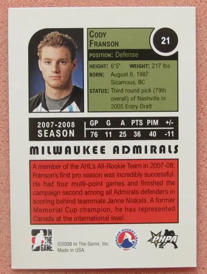 НХЛ Коди Франсон Милуоки Эдмиралс № 21 1