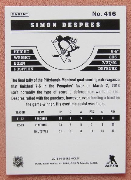 НХЛ Симон Депрэ Питтсбург Пингвинз № 416 1