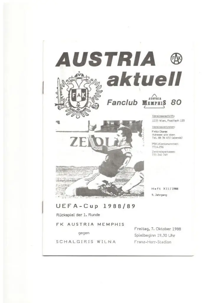 ФК Аустрия Мемфис Вена Австрия - Жальгирис Вильнюс 07.10.1988 Кубок УЕФА