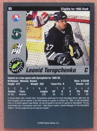 НХЛ Леонид Торопченко Спрингфилд Индианс СКА Ленинград Воскресенск Ярославль 95 1
