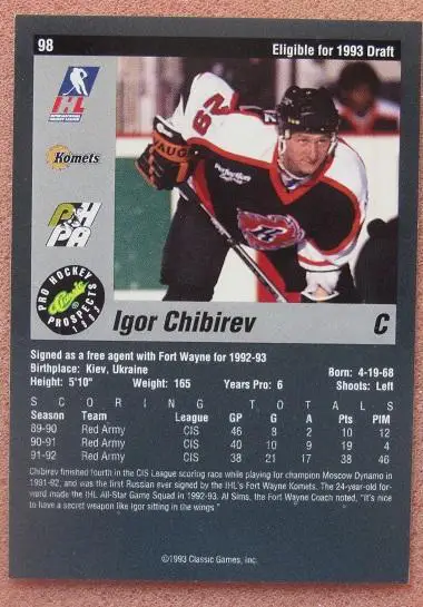 НХЛ Игорь Чибирев Форт Уэйн Кометс Калинин ЦСКА Москва № 98 1